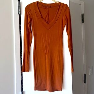 Naked wardrobe burned Orange V-neck skin tight mini dress double lined medium